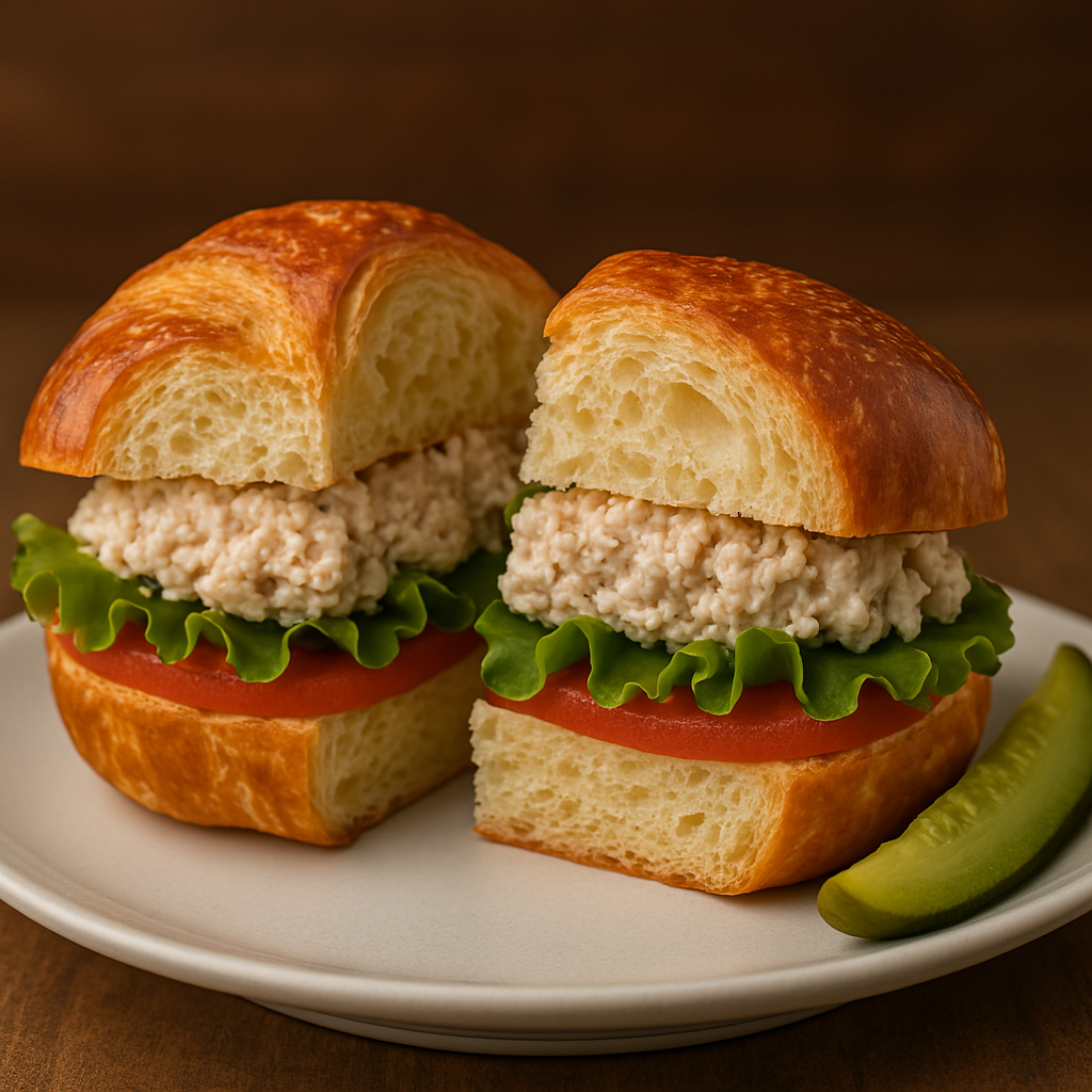 Tuna on Croissant with lettuce and tomatoes cut in half with pickle spear